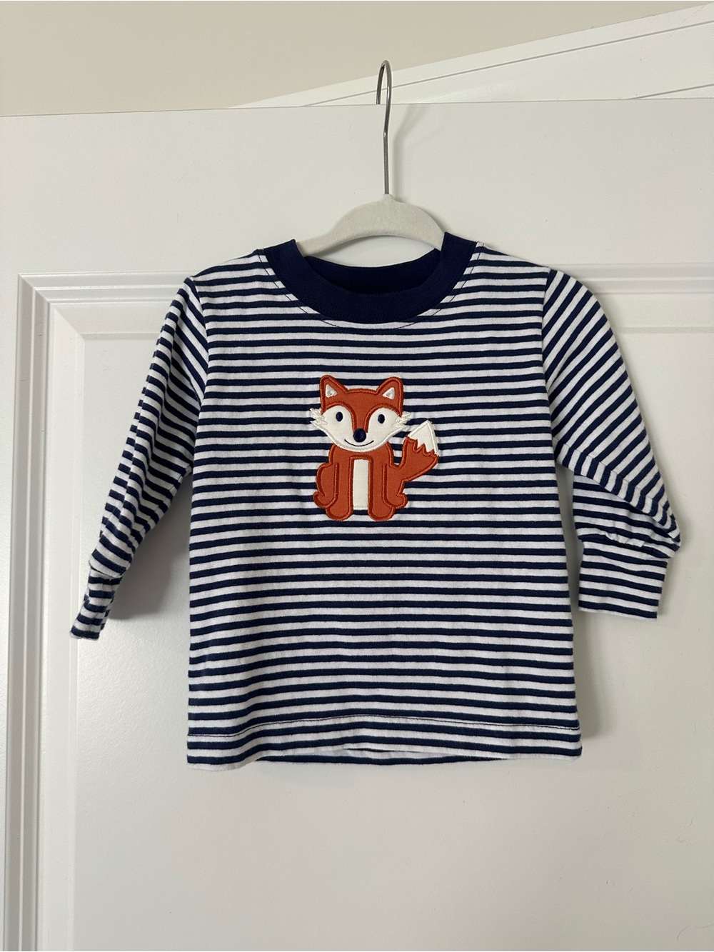 Little English Navy & White Striped Long-Sleeve Tee with Orange Fox Appliqué
